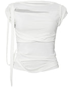 【Flare up】Asymmetrical Draped Strap Roll-Up T-Shirt [4 colors]