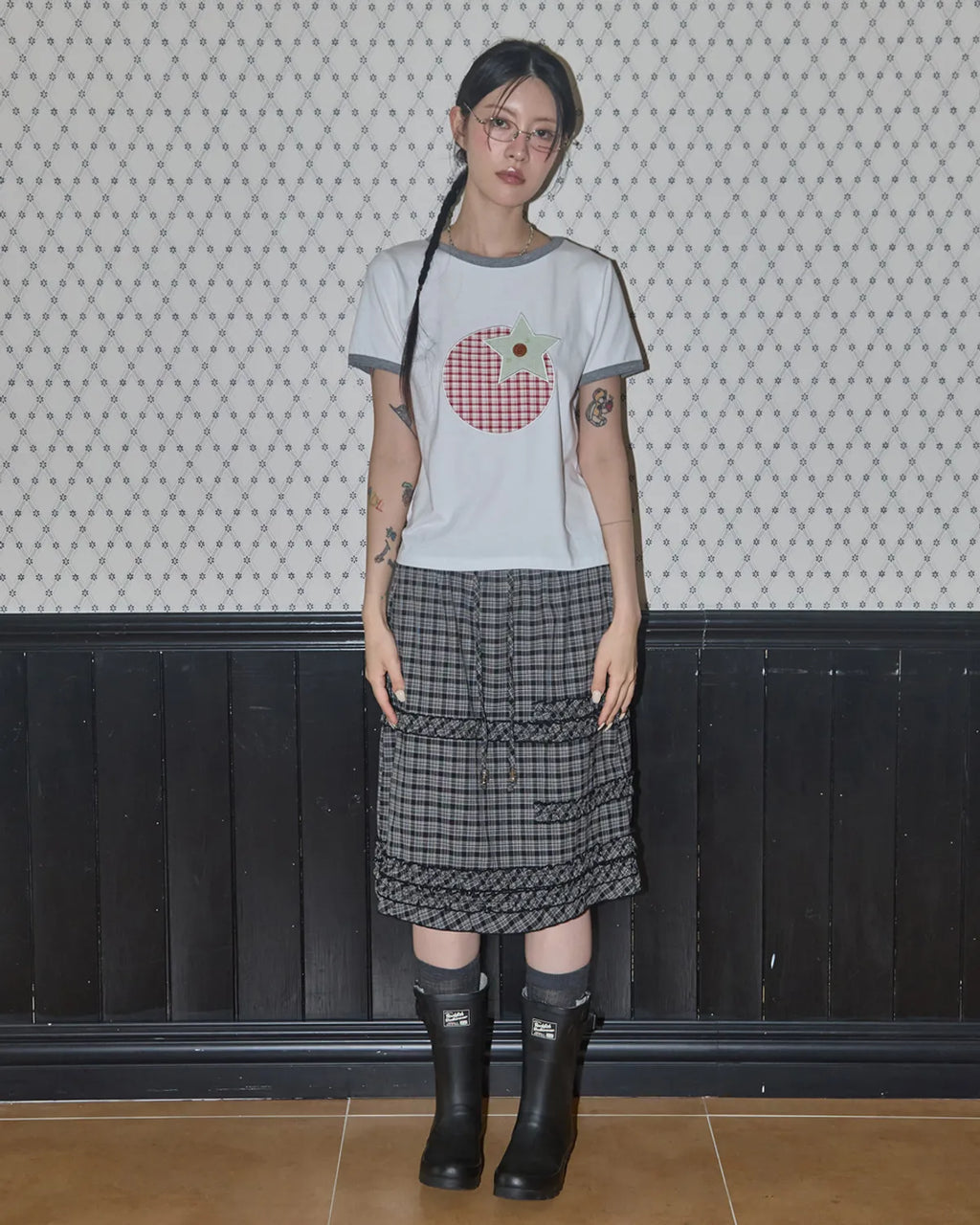 【Fancy Club】SHUSHU FRILL BLACK MIDI SKIRT [Black / White]