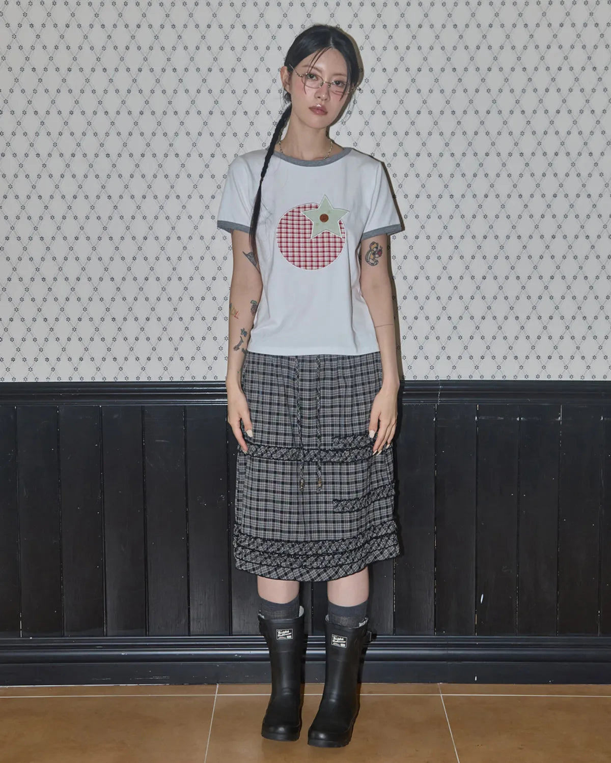 【Fancy Club】SHUSHU FRILL BLACK MIDI SKIRT [Black / White]
