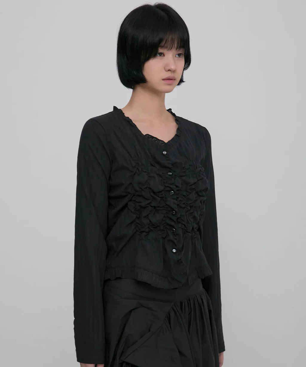 【Flare up】Saya Frill Puff Long Blouse [Black]