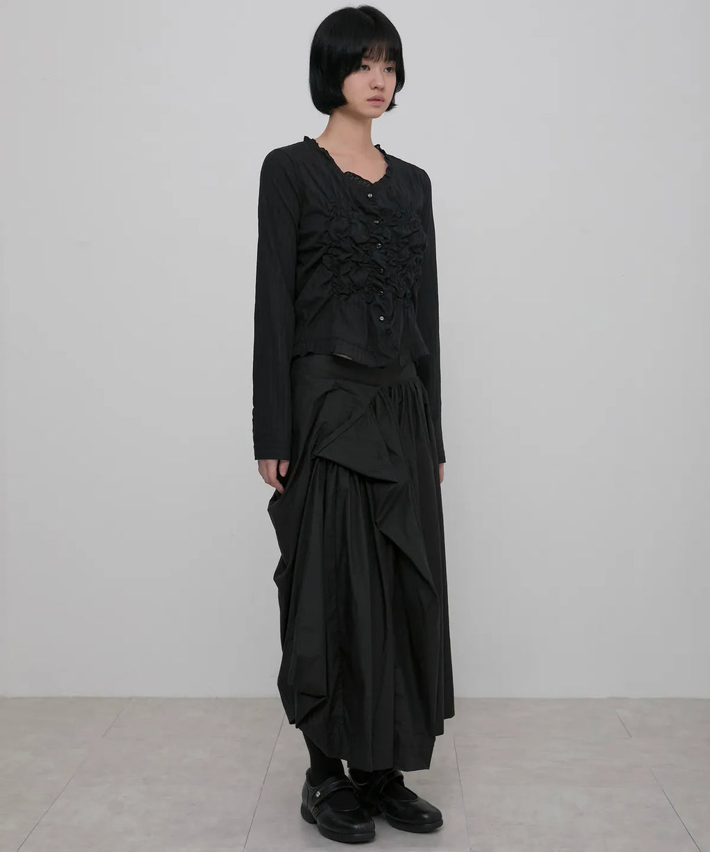 【Flare up】Saya Frill Puff Long Blouse [Black]