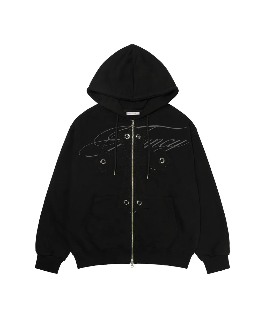 【Fancy Club】BIG CROSS EYELET HOODED ZIP-UP [Black]