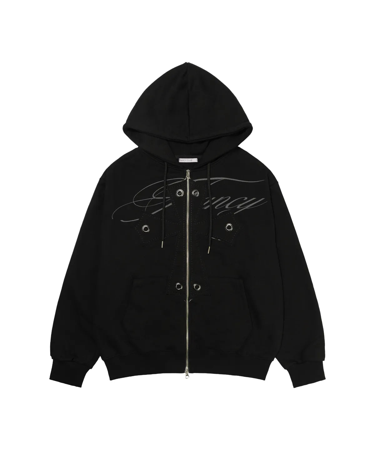 【Fancy Club】BIG CROSS EYELET HOODED ZIP-UP [Black]