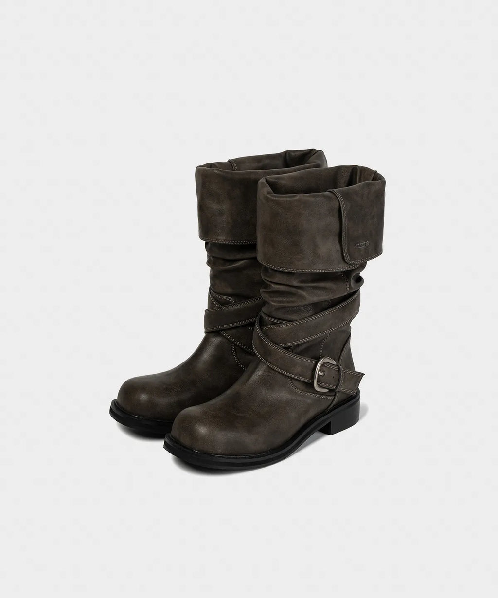 【KHIHO】RAVEN FOLDABLE BUCKLE BOOTS [ Black / Grey / Brown ]