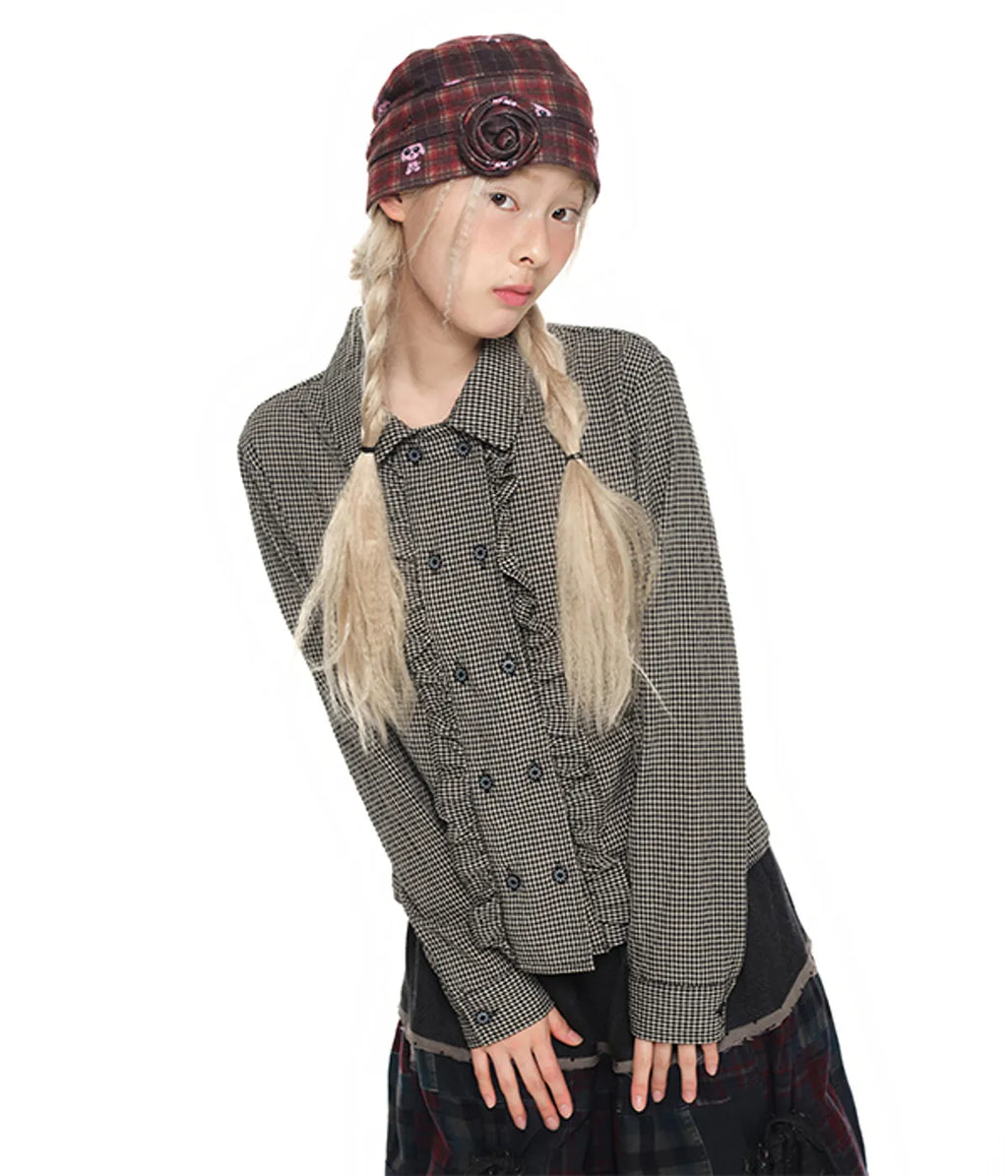 【youthbath】Corsage Checked Beanie - brown