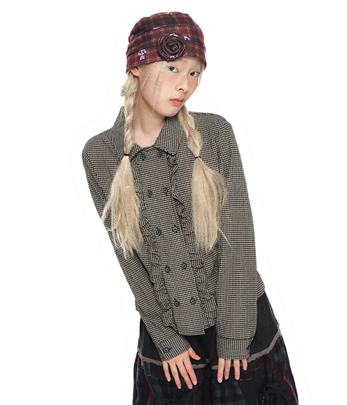 【youthbath】Corsage Checked Beanie - brown