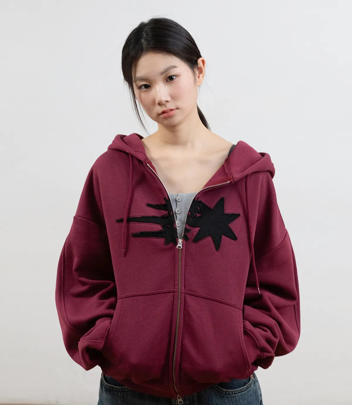 【niceghostclub】3STAR APPLIQUE HOODIE ZIP UP [NAVY / WHITE / BURGUNDY]