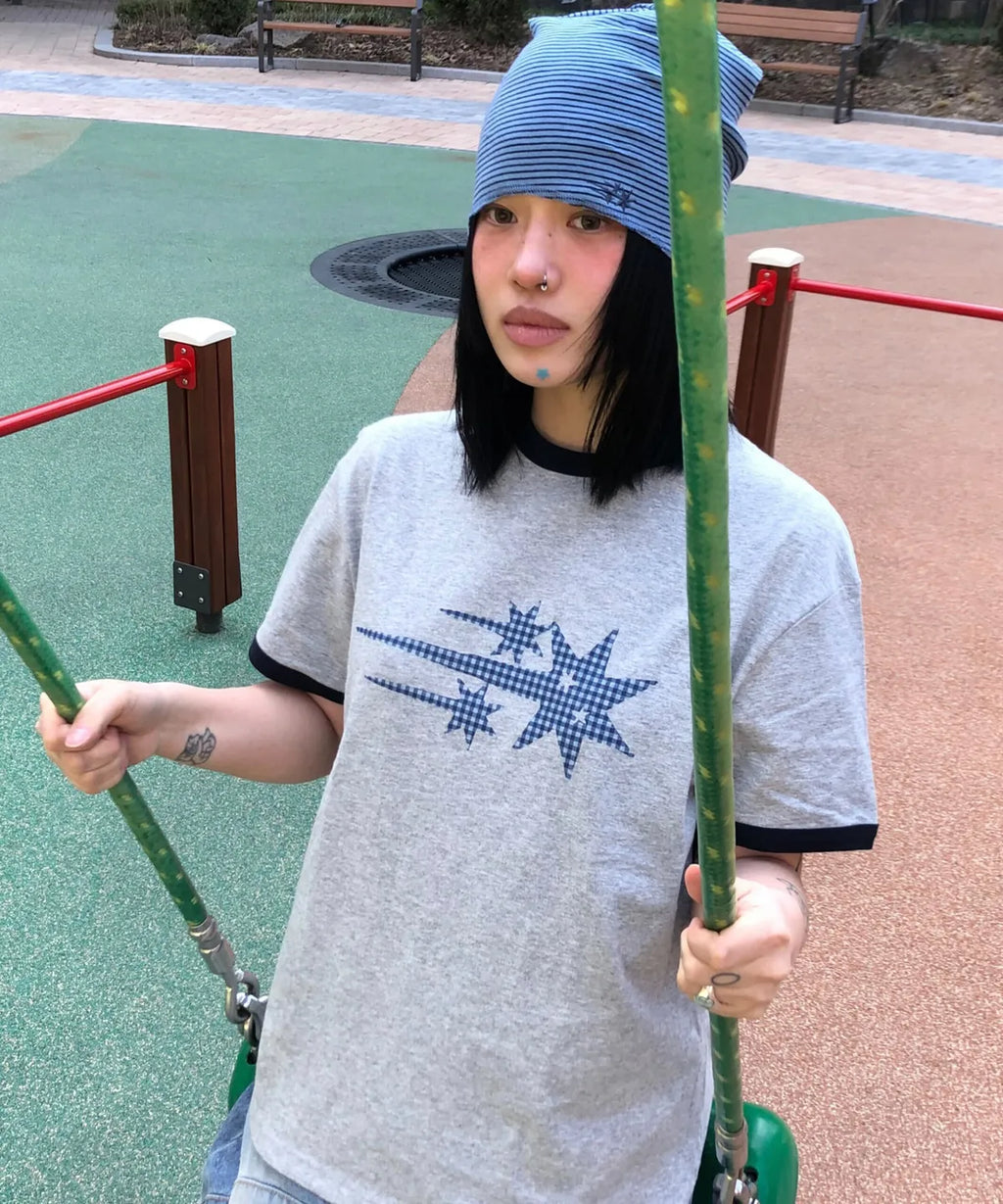 【niceghostclub】  check 3star basic ringer tee [ cream / yellow / charcoal / gray ]