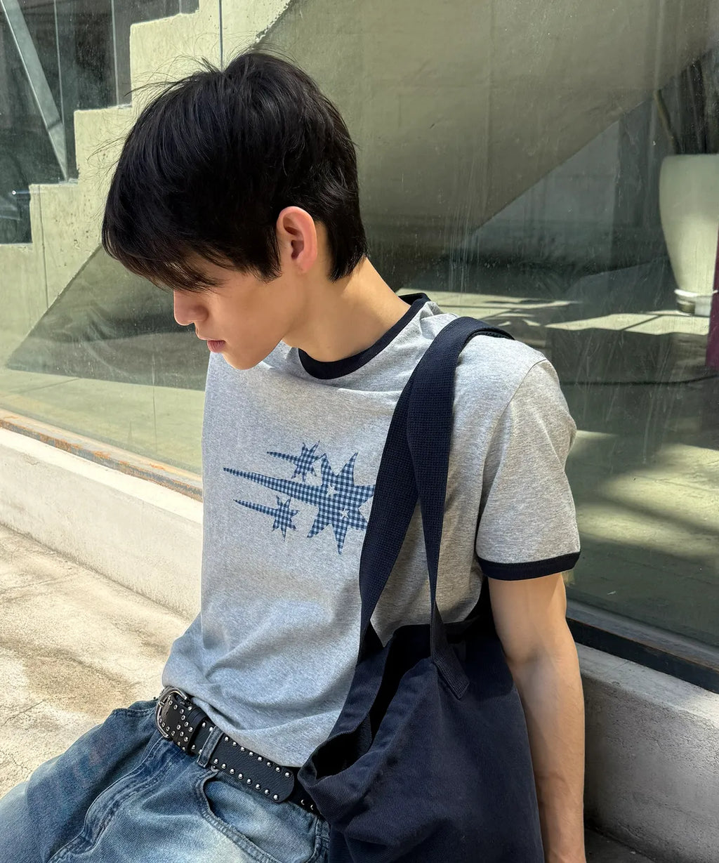 【niceghostclub】  check 3star basic ringer tee [ cream / yellow / charcoal / gray ]