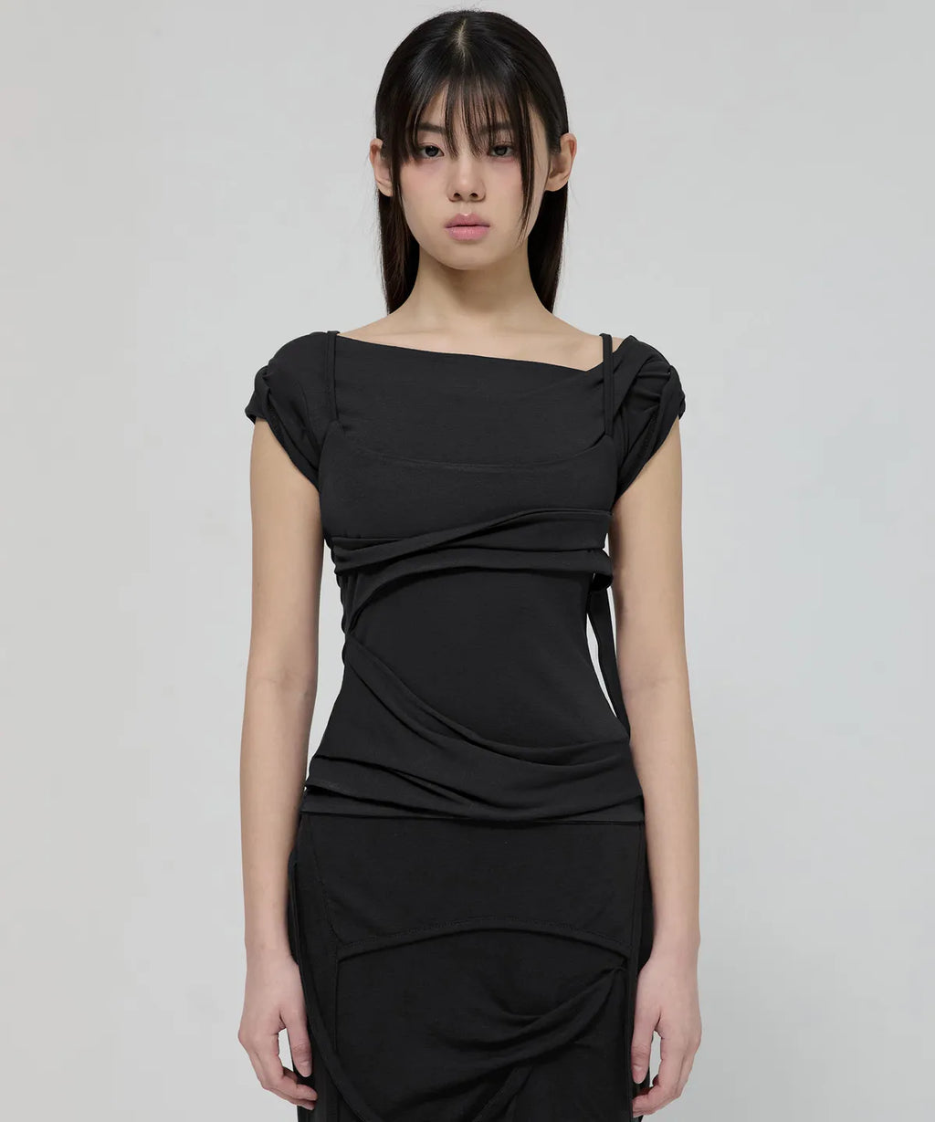 【Flare up】 Layered Bustier T-shirt [4 colors]
