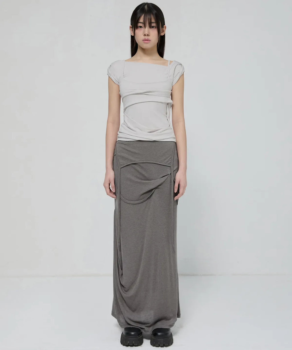 【Flare up】Asymmetrical Draped Long Skirt - 3 colors