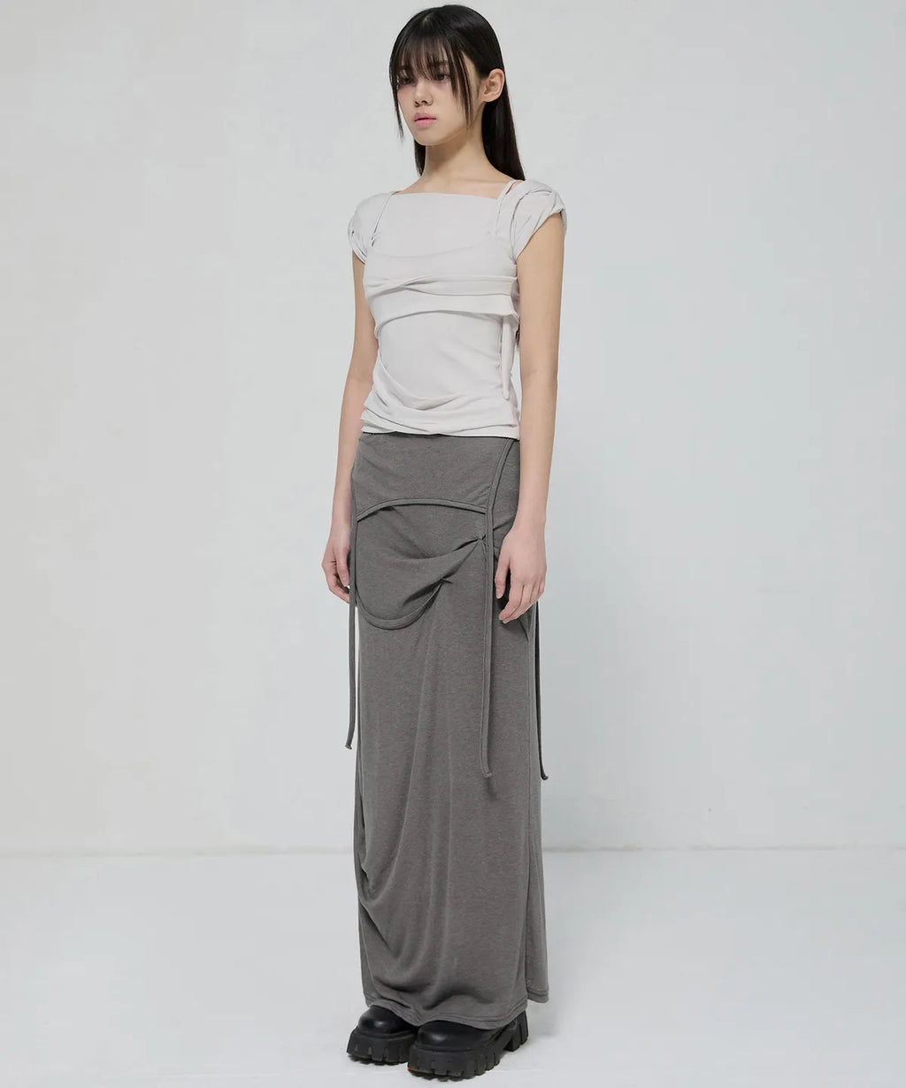 【Flare up】Asymmetrical Draped Long Skirt - 3 colors