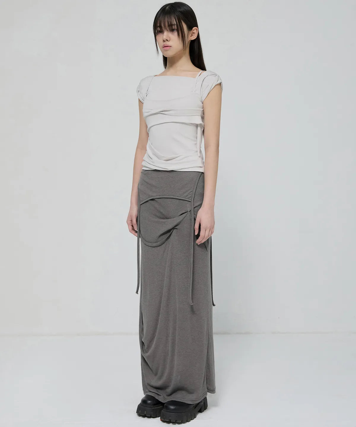 【Flare up】Asymmetrical Draped Long Skirt - 3 colors