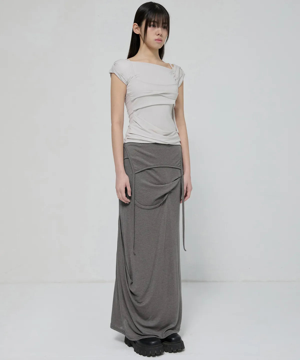 【Flare up】Asymmetrical Draped Long Skirt - 3 colors
