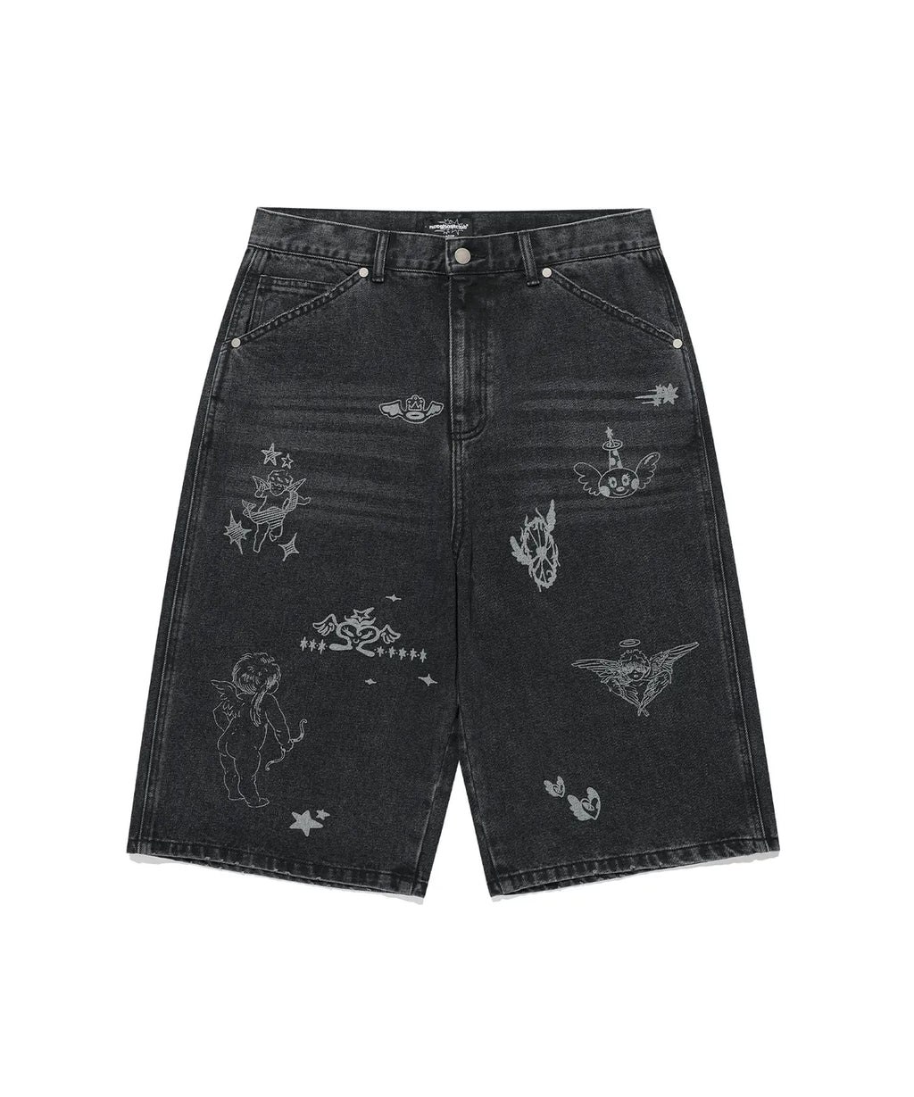 【niceghostclub】 big wide bermuda doodle denim pants [ blue / black ]