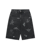 【niceghostclub】 big wide bermuda doodle denim pants [ blue / black ]