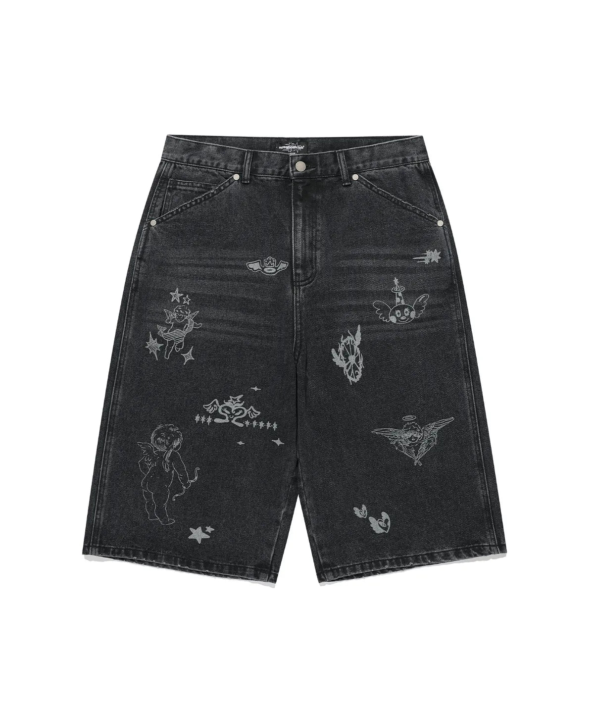 【niceghostclub】 big wide bermuda doodle denim pants [ blue / black ]