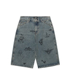 【niceghostclub】 big wide bermuda doodle denim pants [ blue / black ]