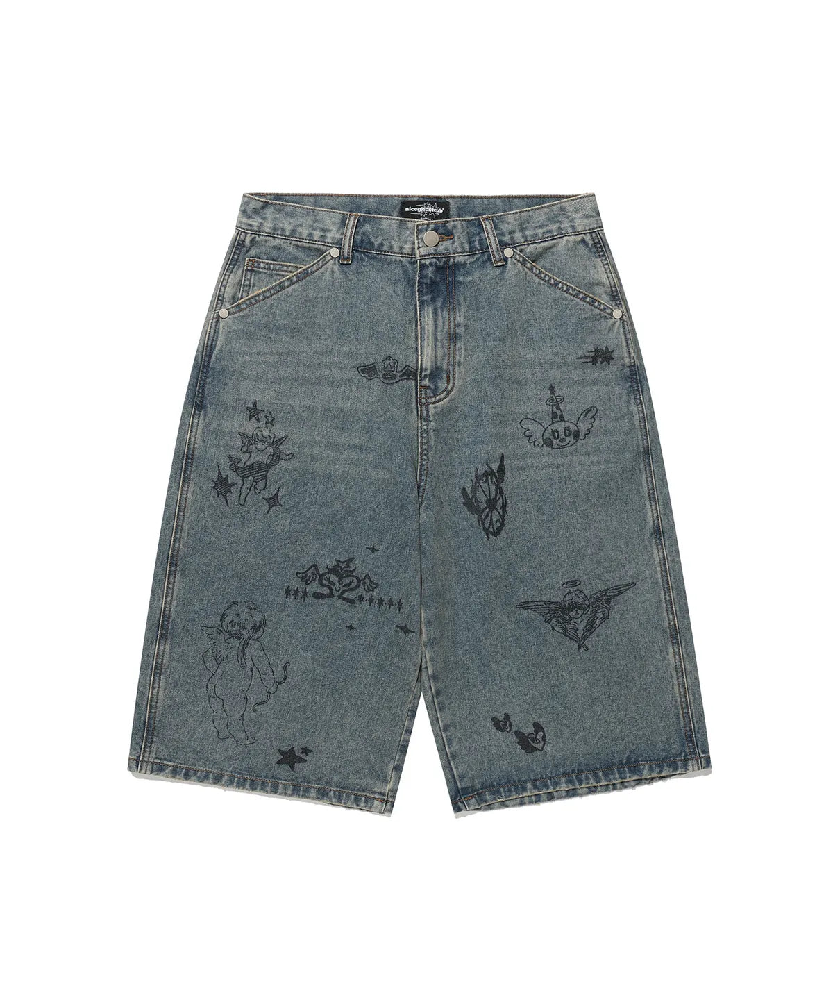 【niceghostclub】 big wide bermuda doodle denim pants [ blue / black ]