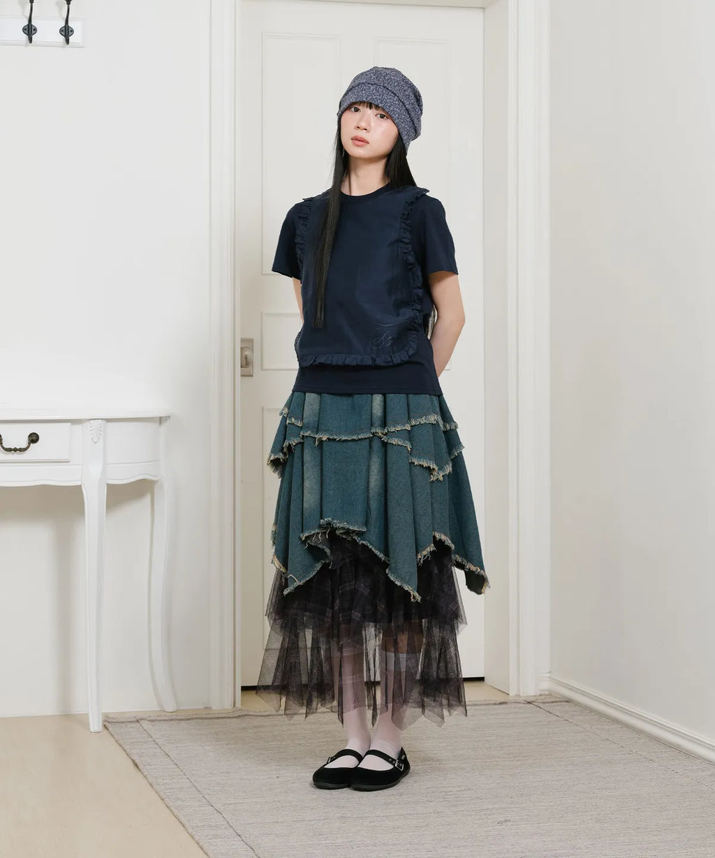【niceghostclub】FFATS frill apron layered tee [ navy ]