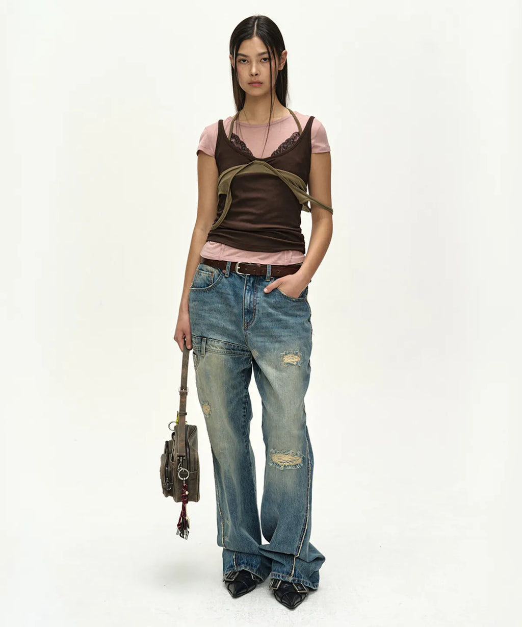 【ADSB】UPSIDE-DOWN LAYERED T-SHIRT [ PINK/BROWN / GREY/BLACK ]