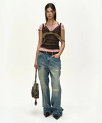 【ADSB】UPSIDE-DOWN LAYERED T-SHIRT [ PINK/BROWN / GREY/BLACK ]