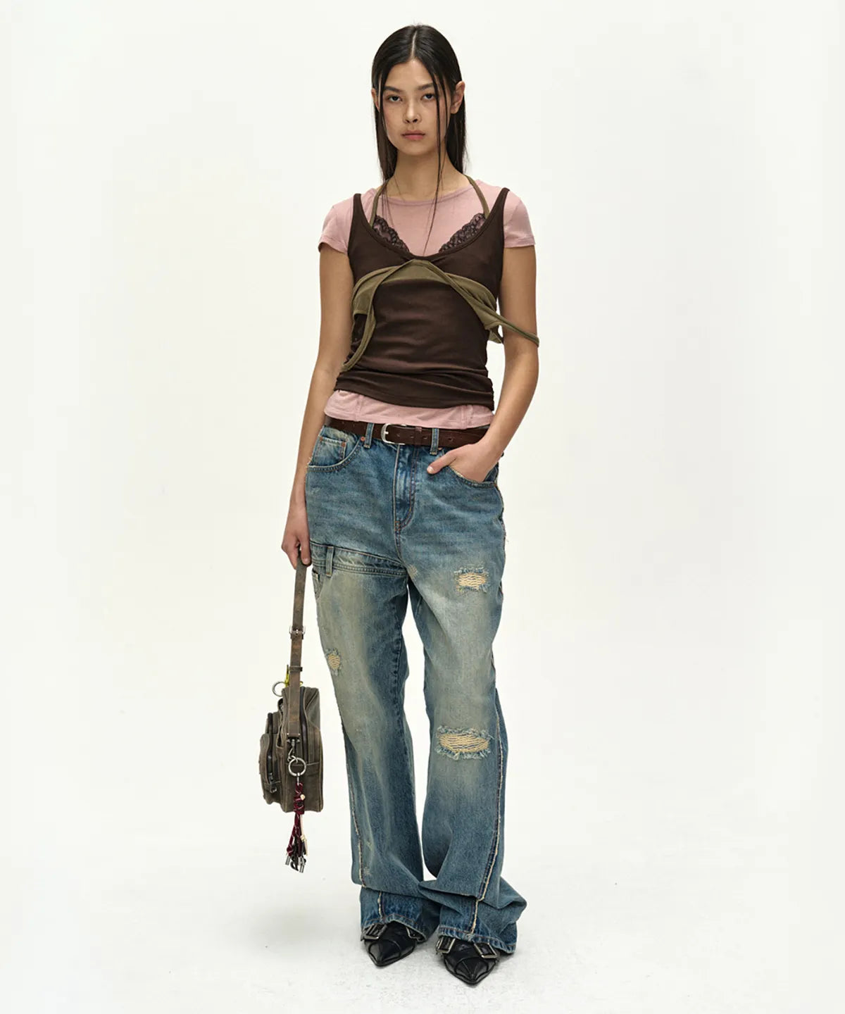 【ADSB】UPSIDE-DOWN LAYERED T-SHIRT [ PINK/BROWN / GREY/BLACK ]
