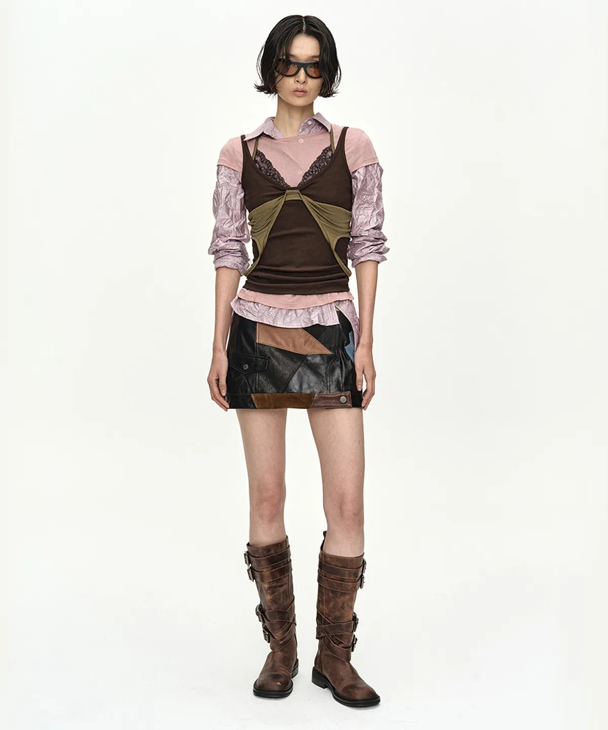 【ADSB】UPSIDE-DOWN LAYERED T-SHIRT [ PINK/BROWN / GREY/BLACK ]