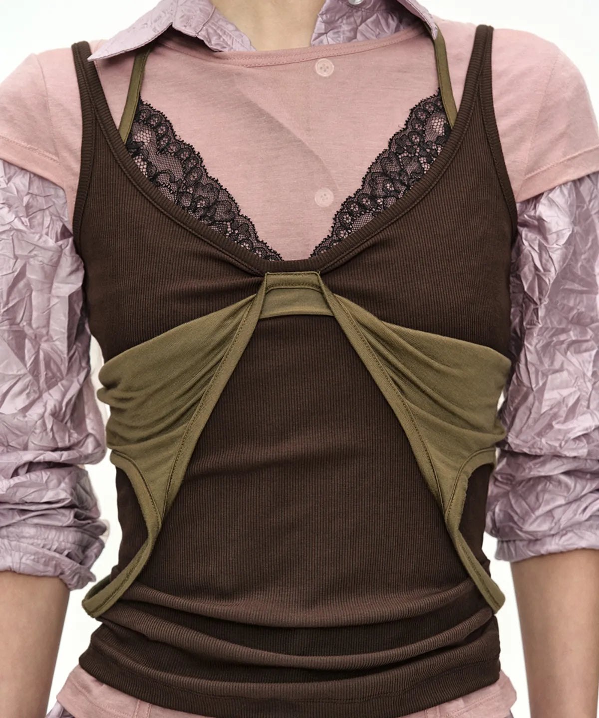 【ADSB】UPSIDE-DOWN LAYERED T-SHIRT [ PINK/BROWN / GREY/BLACK ]