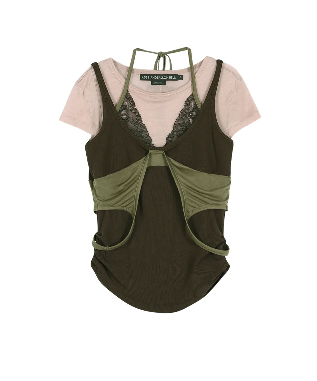 【ADSB】UPSIDE-DOWN LAYERED T-SHIRT [ PINK/BROWN / GREY/BLACK ]