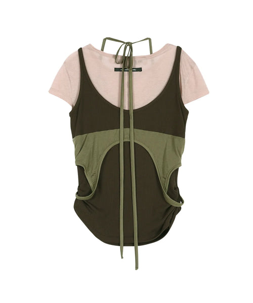 【ADSB】UPSIDE-DOWN LAYERED T-SHIRT [ PINK/BROWN / GREY/BLACK ]