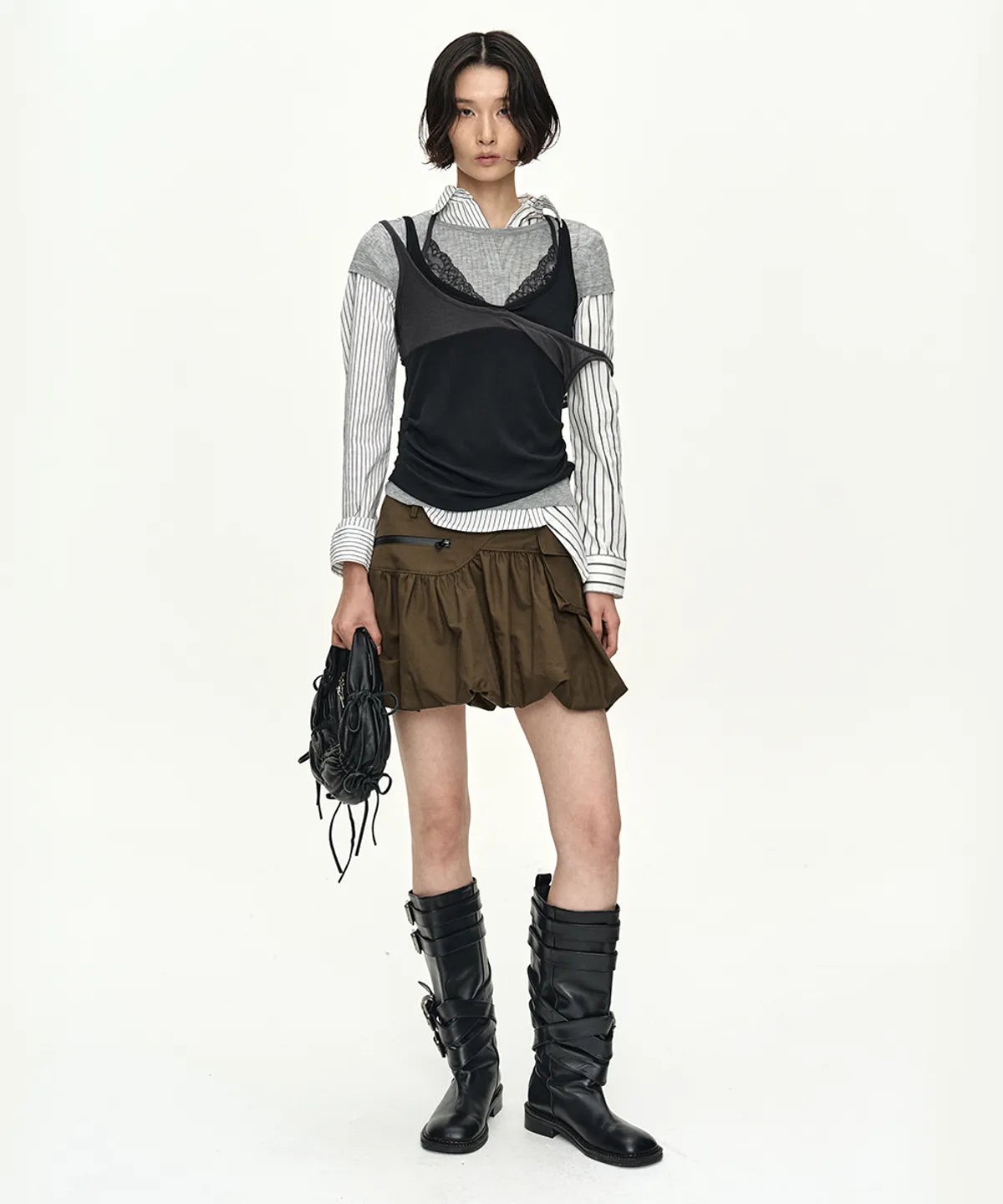 【ADSB】UPSIDE-DOWN LAYERED T-SHIRT [ PINK/BROWN / GREY/BLACK ]