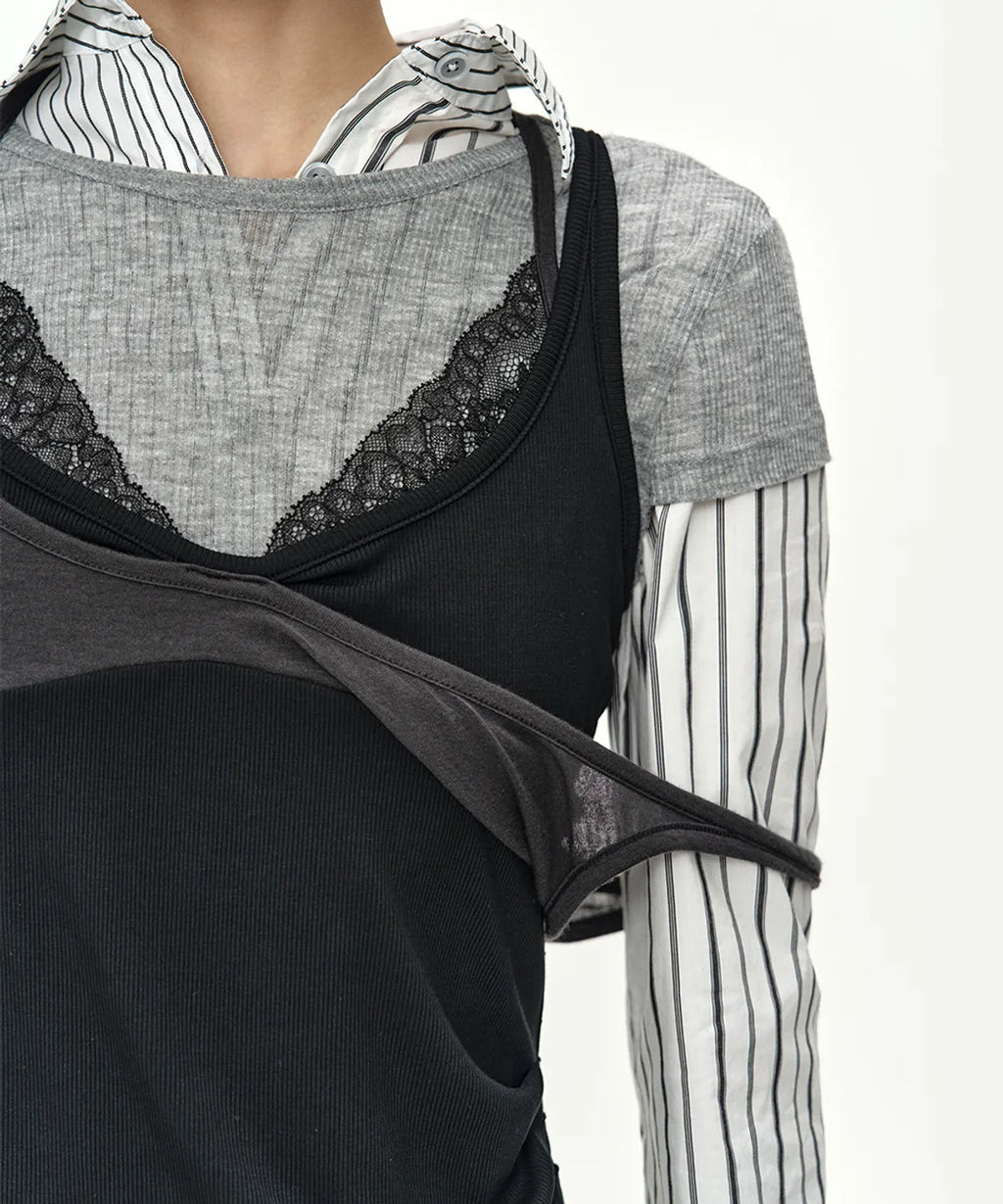【ADSB】UPSIDE-DOWN LAYERED T-SHIRT [ PINK/BROWN / GREY/BLACK ]