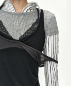 【ADSB】UPSIDE-DOWN LAYERED T-SHIRT [ PINK/BROWN / GREY/BLACK ]