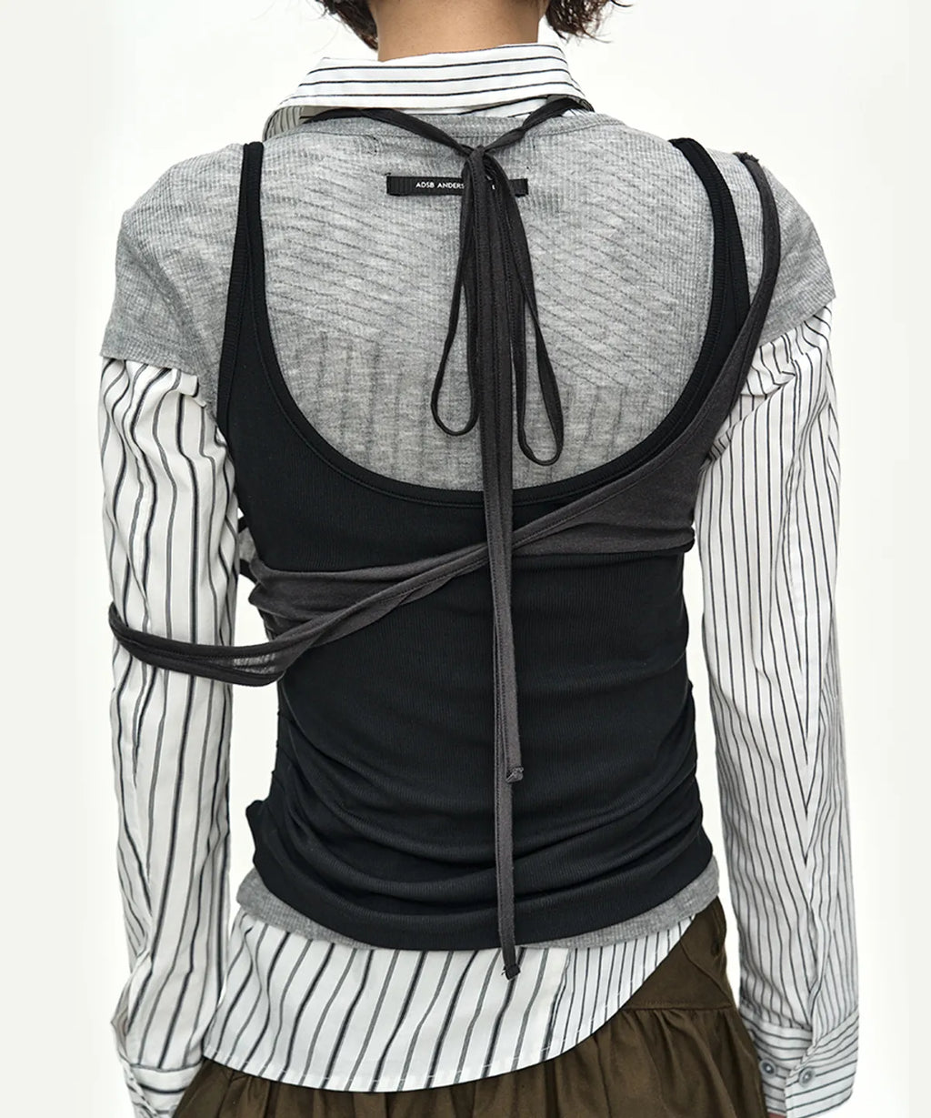 【ADSB】UPSIDE-DOWN LAYERED T-SHIRT [ PINK/BROWN / GREY/BLACK ]