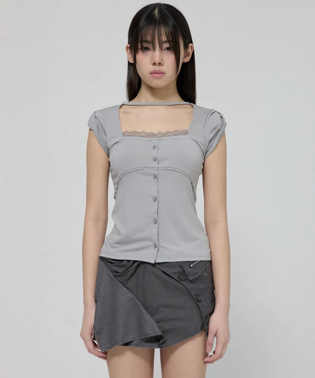 【Flare up】Lace Sleeve Top [Black / White / Gray]