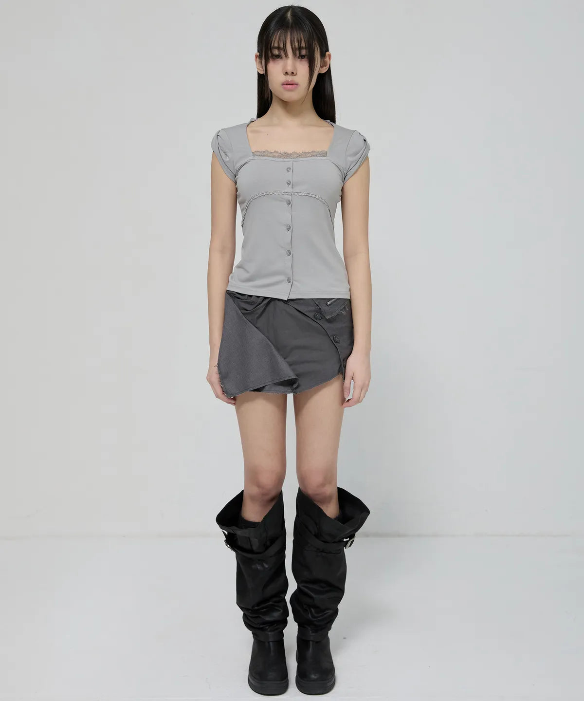 【Flare up】Lace Sleeve Top [Black / White / Gray]