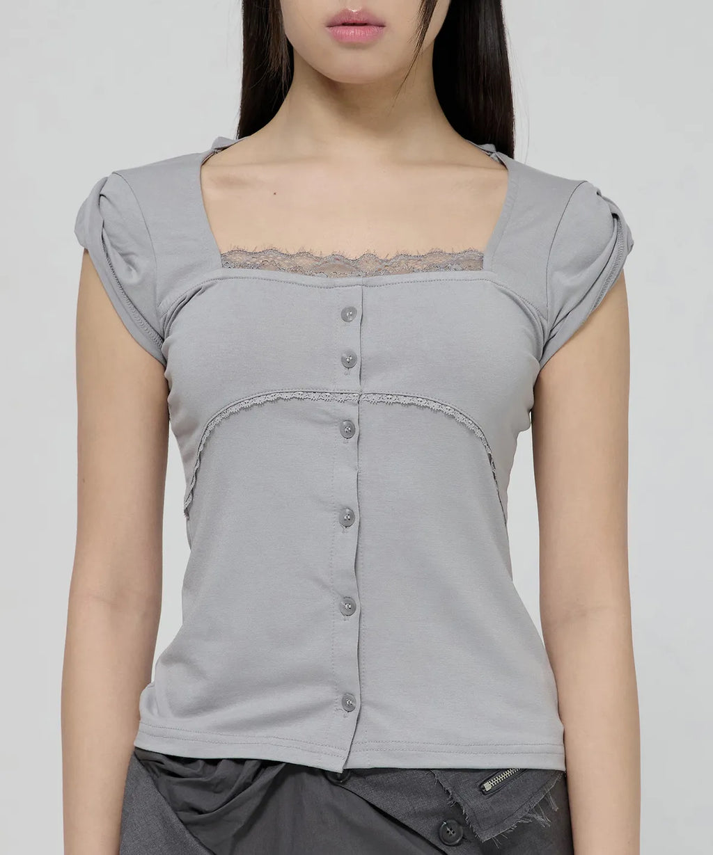 【Flare up】Lace Sleeve Top [Black / White / Gray]