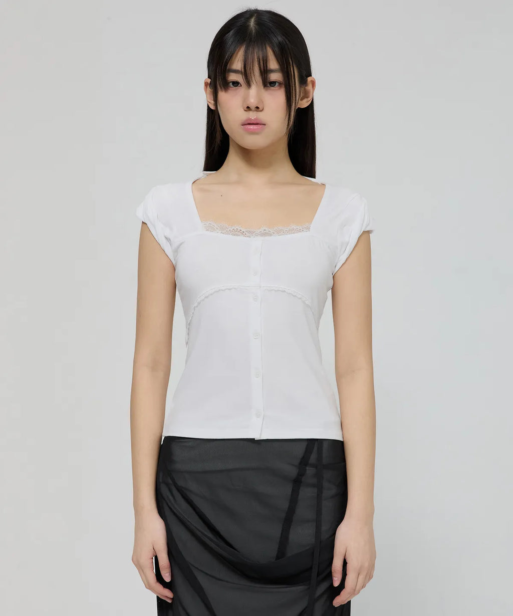 【Flare up】Lace Sleeve Top [Black / White / Gray]