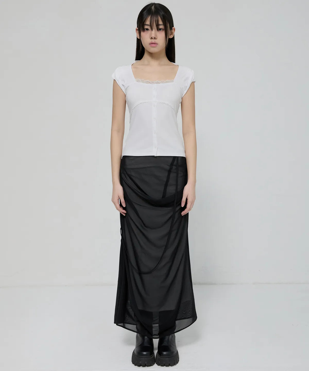 【Flare up】Lace Sleeve Top [Black / White / Gray]