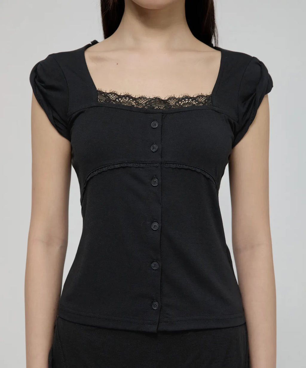 【Flare up】Lace Sleeve Top [Black / White / Gray]