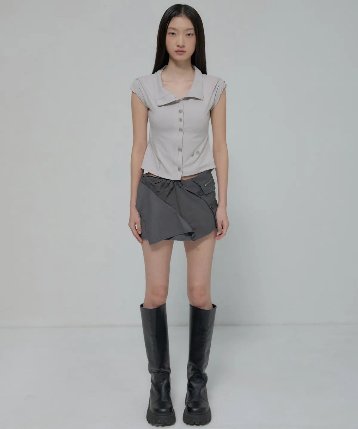 【Flare up】Paneled Half Shirts [Black / Gray]