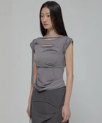 【Flare up】Asymmetrical Draped Strap Roll-Up T-Shirt [4 colors]