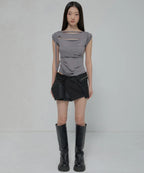 【Flare up】Asymmetrical Draped Strap Roll-Up T-Shirt [4 colors]