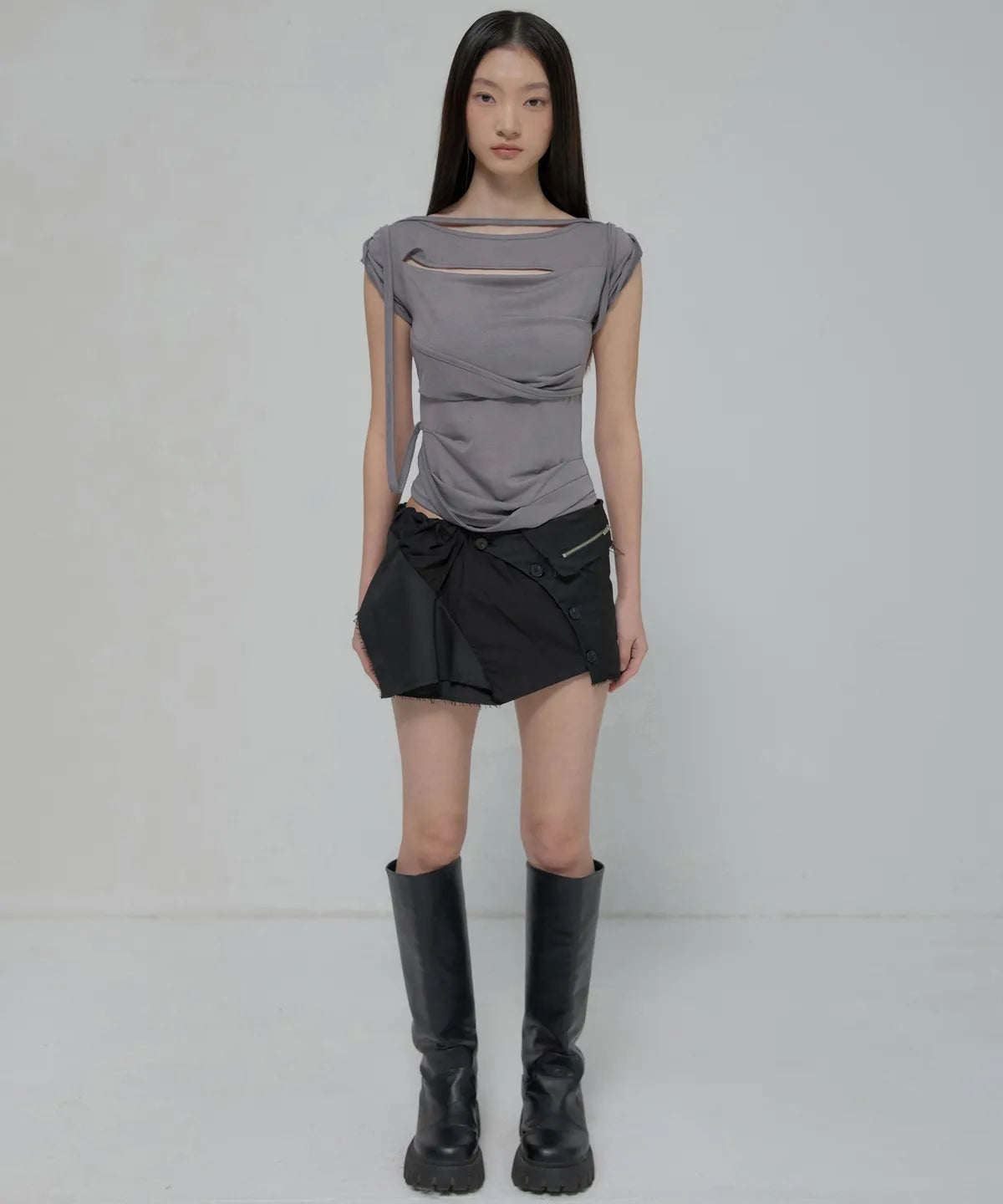 【Flare up】Asymmetrical Draped Strap Roll-Up T-Shirt [4 colors]