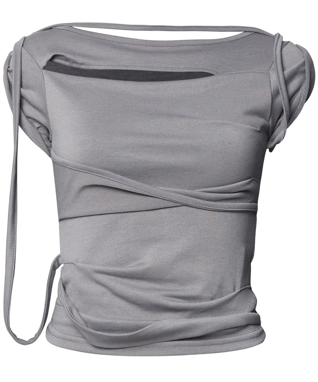 【Flare up】Asymmetrical Draped Strap Roll-Up T-Shirt [4 colors]