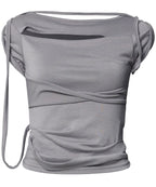 【Flare up】Asymmetrical Draped Strap Roll-Up T-Shirt [4 colors]