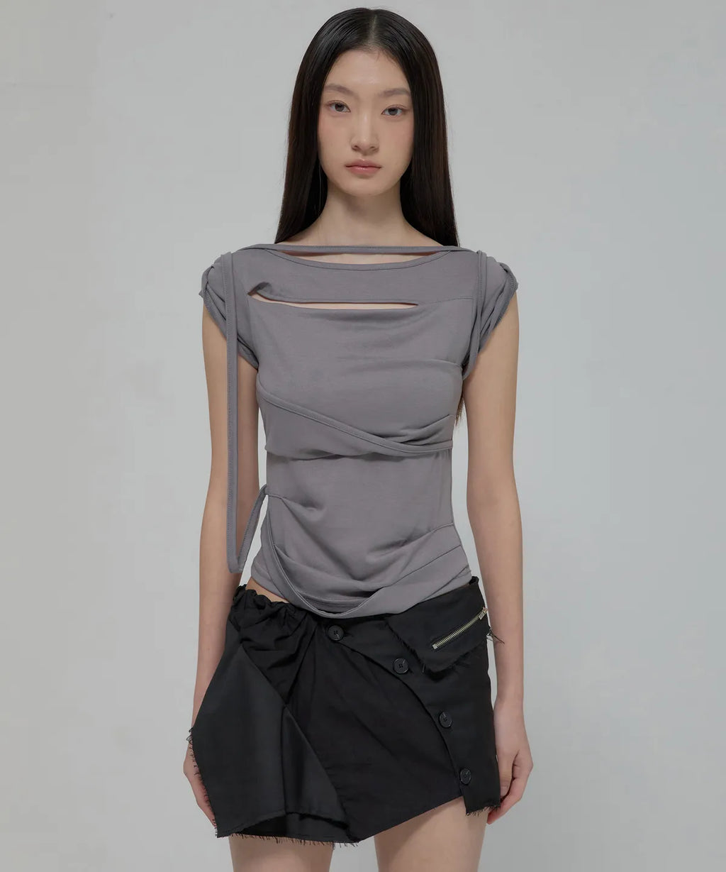 【Flare up】Asymmetrical Draped Strap Roll-Up T-Shirt [4 colors]