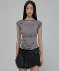 【Flare up】Asymmetrical Draped Strap Roll-Up T-Shirt [4 colors]