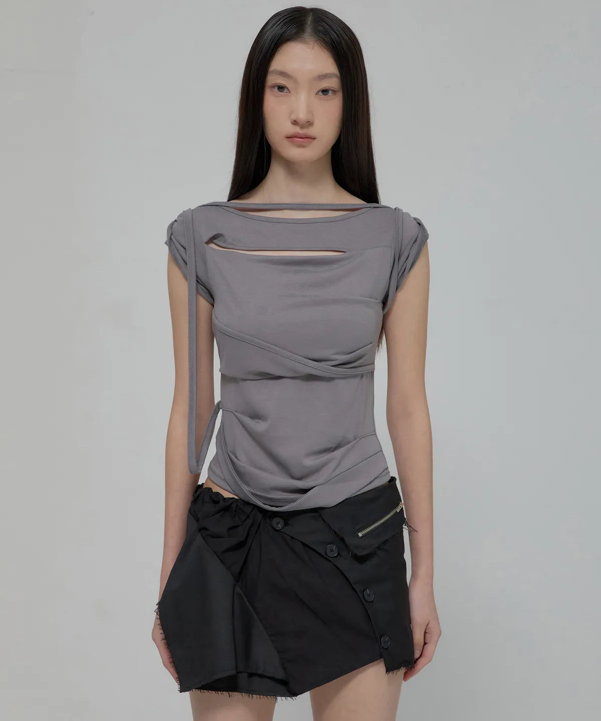 【Flare up】Asymmetrical Draped Strap Roll-Up T-Shirt [4 colors]
